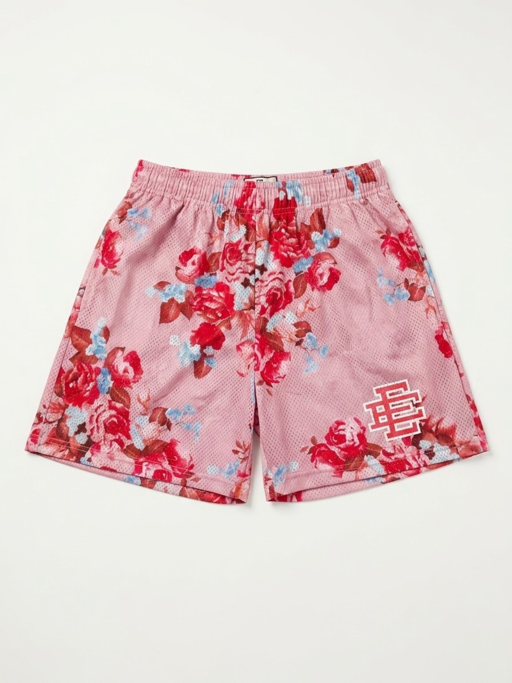 Eric Emanuel Pink Floral Athletic Shorts with Red & Blue Accents
